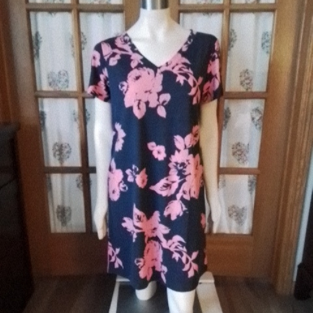 NEW! Floral V-Neck Dress, Poly/Rayon/Spandex, Navy and Coral, Size L.
